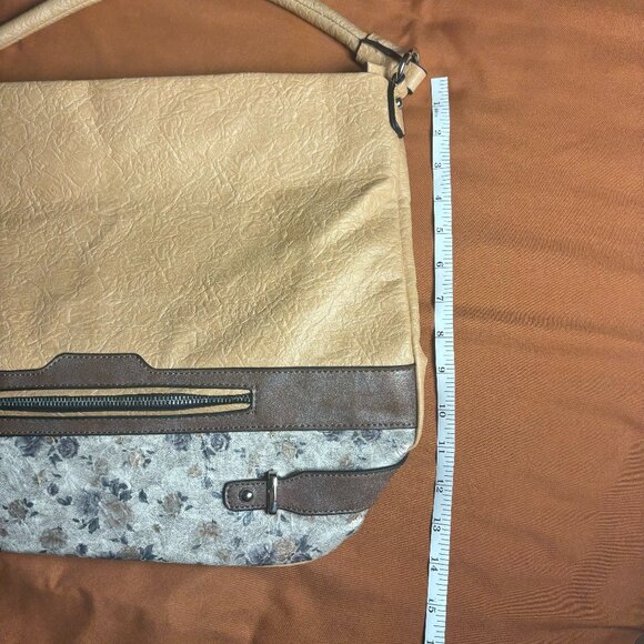 Neutral Tan Brown Blue Floral Tote Bag with Pockets and Zip Close 14x15in - Picture 7 of 8
